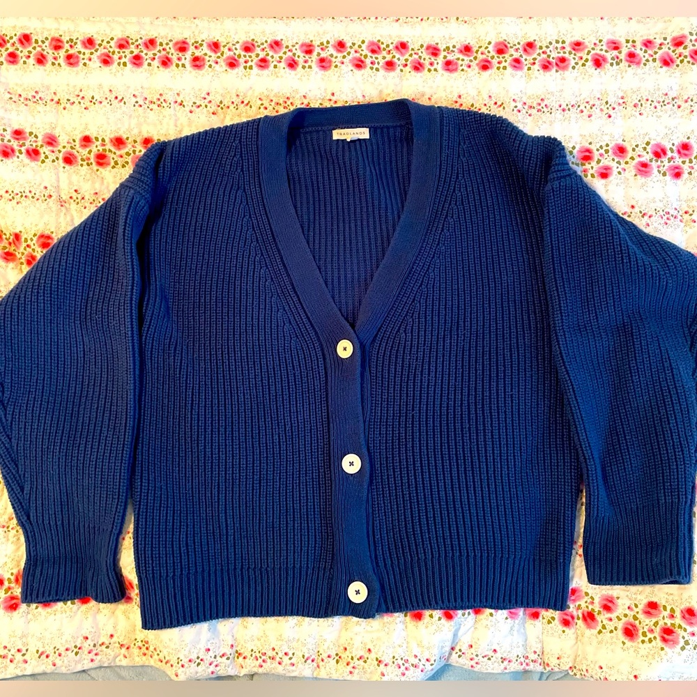 Tradlands Shelter Cardigan: Navy Blue. Made in Peru. 100% Cotton.